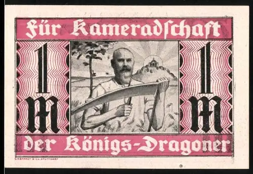 Notgeld Stuttgart, 1 Mark, Für Kameradschaft der Königs-Dragoner, Bauer schärft Sense, Wappen
