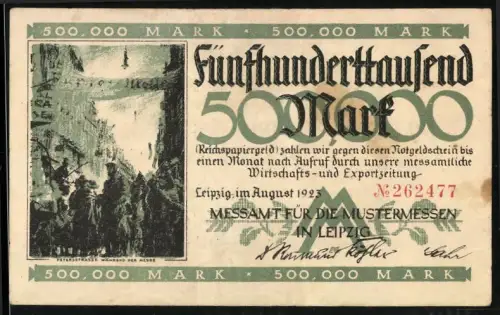 Notgeld Leipzig 1923, 500.000 Mark, Petersstrasse während der Messe, Messeamt für Mustermessen
