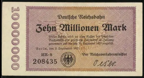 Notgeld Berlin 1923, 10 Millionen Mark, Deutsche Reichsbahn, Eisenbahn-Symbol geflügeltes Rad, einseitig bedruckt