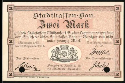 Notgeld Mühlhausen / Elsass 1914, 2 Mark, Wappen und geprägtes Siegel, einseitig bedruckt