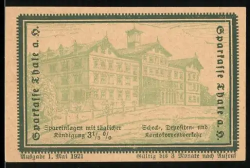 Notgeld Thale / Harz 1921, 10 Pfennig, Sparkasse Thale, Schein teilbar in 2x 5 Pfennig