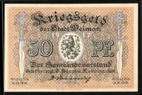 Notgeld Weimar 1917, 50 Pfennig, Kriegsgeld, Schwerter & Wappen, KN Rückseitig