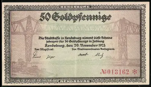 Notgeld Rendsburg 1923, 50 Goldpfennige, Hochbrücke über den Kaiser-Wilhelm-Kanal