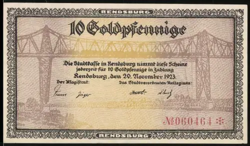 Notgeld Rendsburg 1923, 10 Goldpfennige, Hochbrücke über den Kaiser-Wilhelm-Kanal