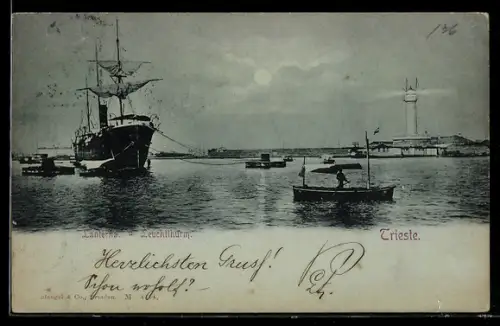 Mondschein-AK Trieste, Leuchtturm mit Schiff und Ruderboot im Hafen