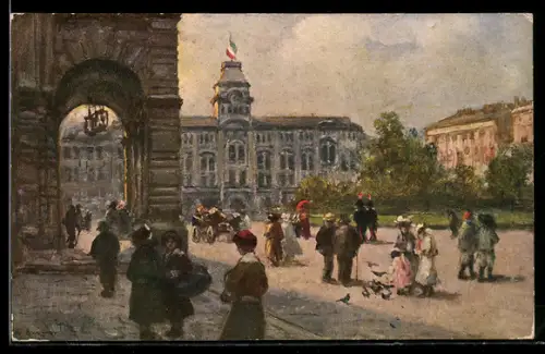 Künstler-AK Trieste, Piazza con persone e edificio storico