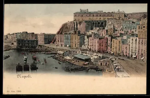 AK Napoli /Sta. Lucia, Vista del porto con edifici storici e barche