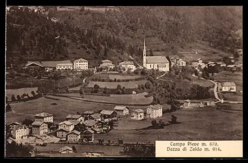 AK Val di Zoldo, Dozza di Zoldo, Campo Pieve, Vista panoramica del villaggio con chiesa e case storiche