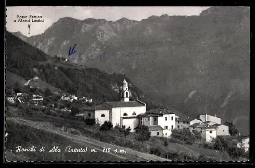 AK Trento, Ronchi di Ala, Veduta del paese con chiesa e Monti Lessini sullo sfondo