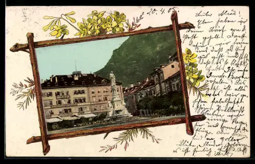 AK Bozen /Tirol, Waltherdenkmal im Blumen-Passepartout