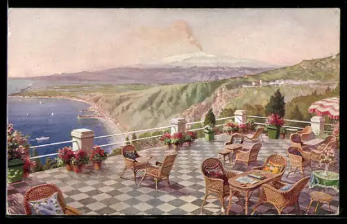Künstler-AK Taormina, Vista dall`Hotel Villa Belvedere con terrazza e panorama sul mare