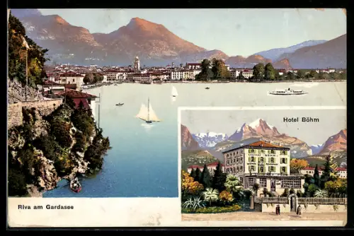 AK Riva am Gardasee, Hotel Böhm mit Ortspanorama