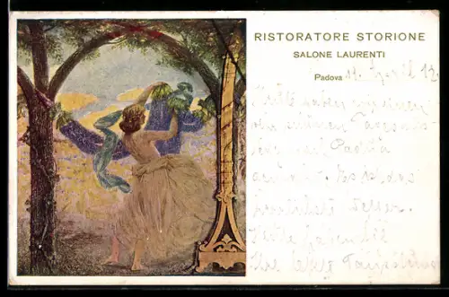 Künstler-AK Padova, Ristorante Storione Salone Laurenti, illustrazione danzante