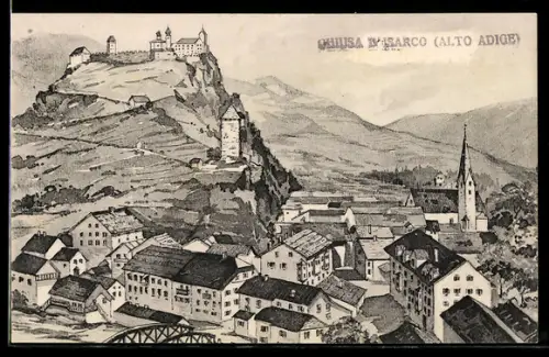 Künstler-AK Chiusa d`Isarco /Alto Adige, Veduta del borgo con castello e chiesa sullo sfondo