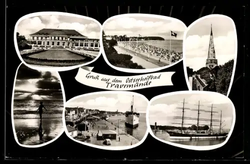 AK Travemünde, Ostseebad, Strand, Kirche, Hafen, Segelschiff