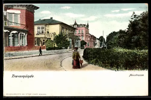 AK Travemünde, Spaziergängerin auf der Neustrasse