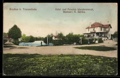 AK Brodten b. Travemünde, Hotel und Pension Wanderersruh, Besitzer R. Gerdiz, Panorama