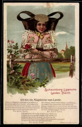 Lithographie Tracht Schaumburg-Lippe, junge Frau im Trachtenkleid
