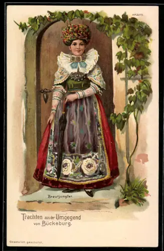 Lithographie Tracht Bückeburg, Brautjungfer im Trachtenkleid