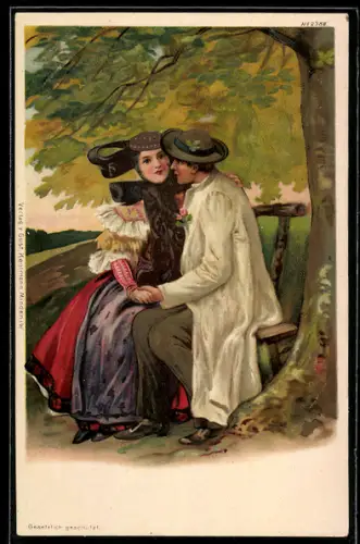 Lithographie Tracht Schaumburg-Lippe, Liebespaar auf einer Bank