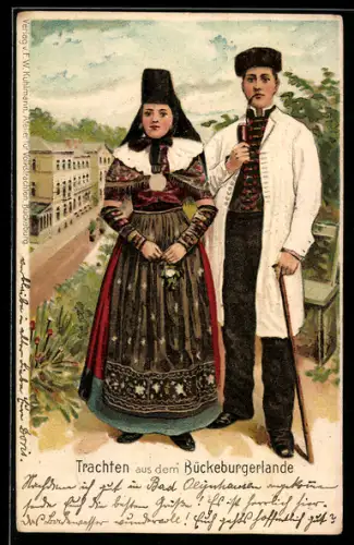 Lithographie Pärchen in Tracht aus dem Bückeburger Lande