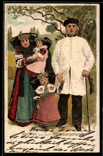 Lithographie Tracht aus Bückeburg, Mutter und Vater mit ihren Kindern