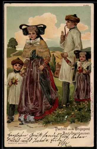 Lithographie Tracht Schaumburg-Lippe, aus Bad Oeynhausen, Eltern mit ihren Kindern