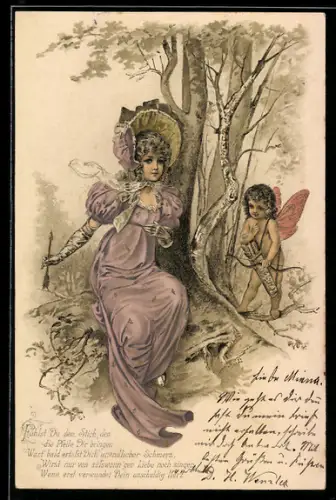 Lithographie Fühlst Du den Stich den die Pfeile Dir bringen..., Maid und Amor