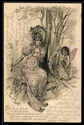 Lithographie Fühlst Du den Stich den die Pfeile Dir bringen..., Maid und Amor