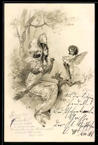 Lithographie Maid mit Brief und Amor, Jugendstil
