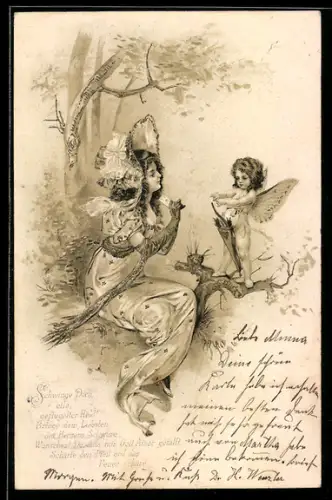 Lithographie Maid mit Brief und Amor, Jugendstil