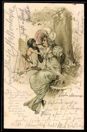 AK Fräulein küsst Wangen von Amor, Jugendstil