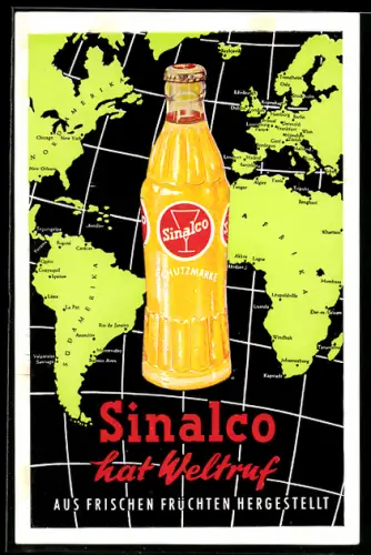 AK Reklame Sinalco, Flasche vor einer Weltkarte