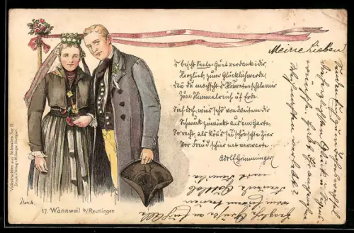 Künstler-AK schwäbische Tracht, Wannweil b. Reutlingen, Trachtenpaar