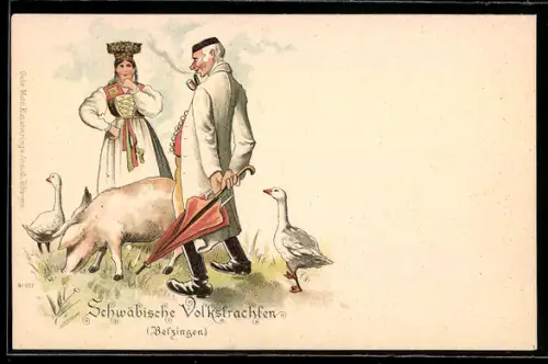 Lithographie schwäbische Tracht aus Belzingen, Bauern mit Schwein und Gänsen