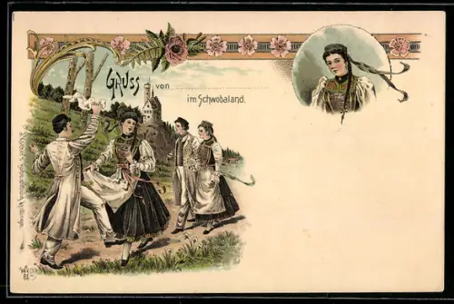 Lithographie Paare in schwäbischen Trachten auf einem Feldweg