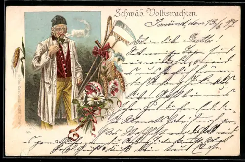 Lithographie schwäbische Tracht, Bauer in Tracht nebst seinem Werkzeug