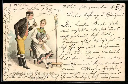 Lithographie schwäbische Tracht, Spinnerin an Spindel nebst rauchendem Mann