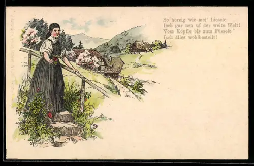 Lithographie schwäbische Tracht, Bäuserin in Tracht