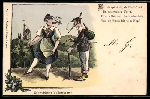 Künstler-AK schwäbische Tracht, Schwäbin tanz im Trachtenkle dvor Stadtbewohner