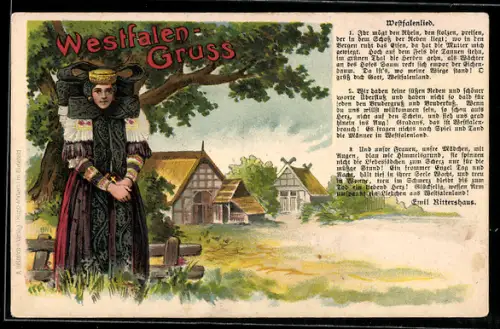 Lithographie Tracht Schaumburg-Lippe, Westfälin nebst dem Westfalenlied
