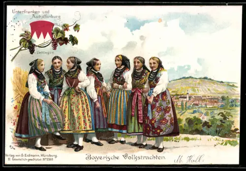 Lithographie Üttingen, Frauen in Bayerischen Volkstrachten am Ortsrand