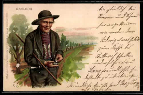 Lithographie Alter Dachauer in Tracht zählt sein Geld