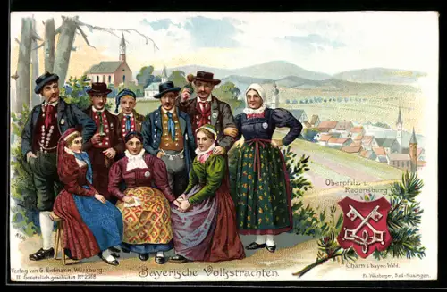 Lithographie Serie: Bayerische Volkstrachten, Bauern in Tracht aus der Oberpfalz