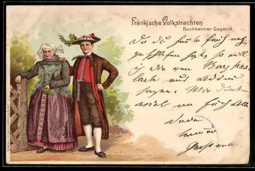 Lithographie fränkische Tracht, Paar aus der Forchheimer Gegend