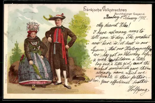 Lithographie Serie: Bayrische Volkstrachten, Bauern in Trachten aus der Forchheimer Gegend