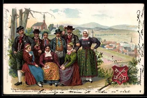 Lithographie Serie: Bayerische Volkstrachten, Bauern in Tracht aus der Oberpfalz