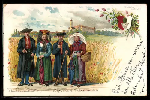 Lithographie Kirchheim i. Schwaben, Schwaben u. Neuburg, Bayerische Volkstrachten