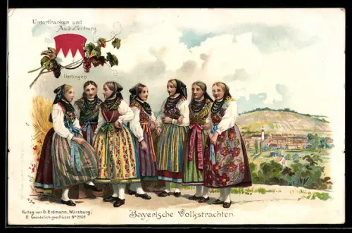 Lithographie Üttingen, Frauen in Bayerischen Volkstrachten am Ortsrand