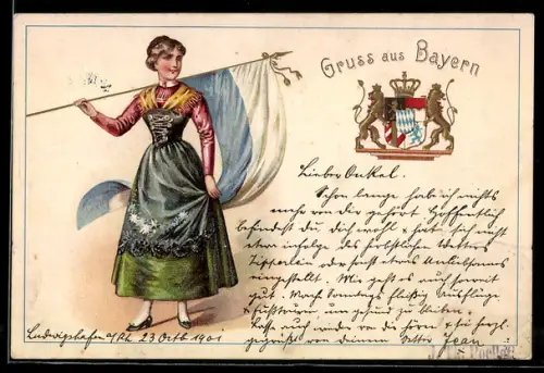 Lithographie bayerische Tracht, junge Frau in Tracht mit Flagge, Wappen